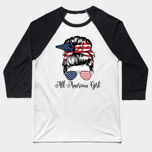 All American Girl 4th Of July Women Messy Bun USA Flag Baseball T-Shirt